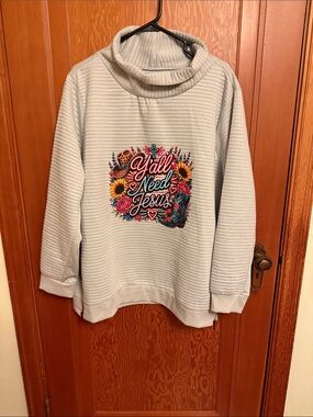 Cozy Cream Cowl Neck Sweater with Floral 'Y'all Need Jesus' Graphic